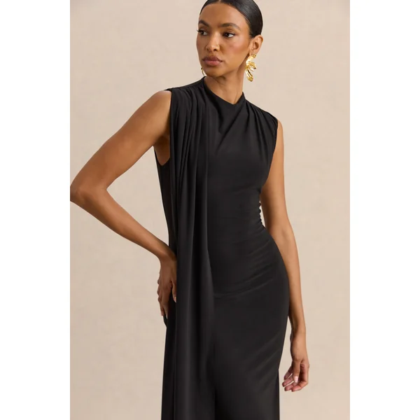 Oleandra | Robe mi-longue noire à encolure haute avec détail drapé