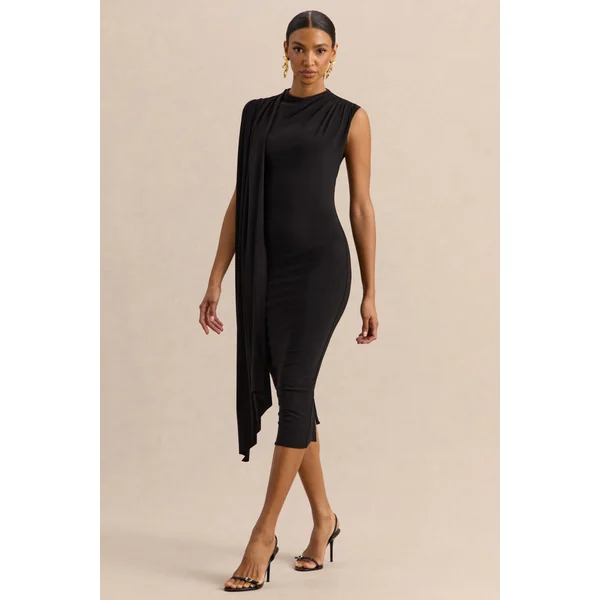 Oleandra | Robe mi-longue noire à encolure haute avec détail drapé