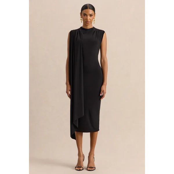 Oleandra | Robe mi-longue noire à encolure haute avec détail drapé