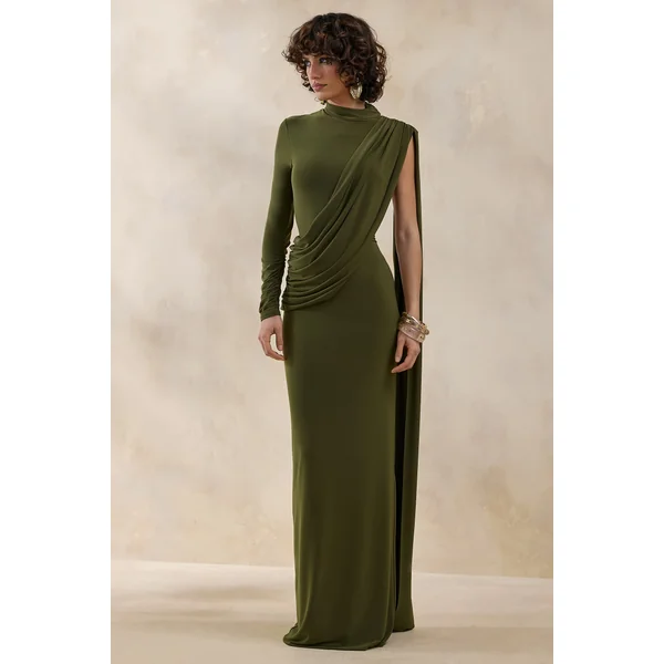 Oliria | Robe longue olive à encolure haute avec une manche longue et détail écharpe
