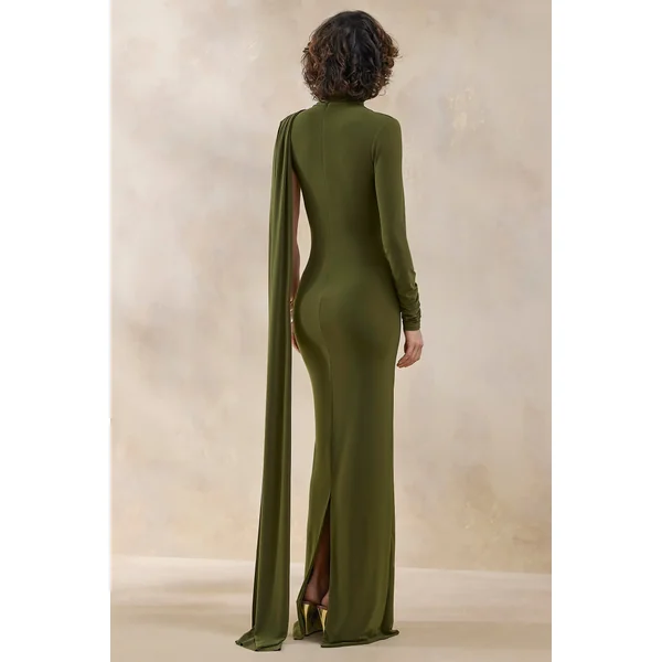 Oliria | Robe longue olive à encolure haute avec une manche longue et détail écharpe