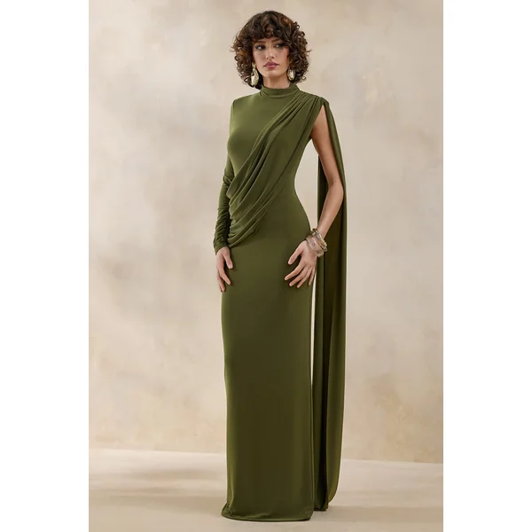 Oliria | Robe longue olive à encolure haute avec une manche longue et détail écharpe