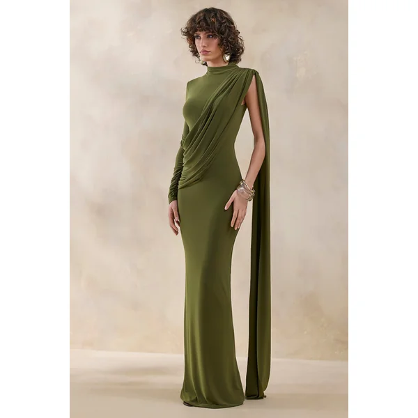 Oliria | Robe longue olive à encolure haute avec une manche longue et détail écharpe