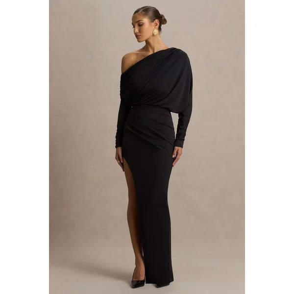 Olivia | Robe longue noire à encolure asymétrique avec détails froncés et fente haute sur le devant
