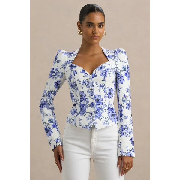Olympia | Haut ajusté à col cœur et imprimé floral bleu