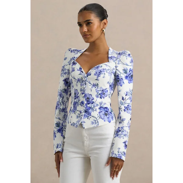 Olympia | Haut ajusté à col cœur et imprimé floral bleu