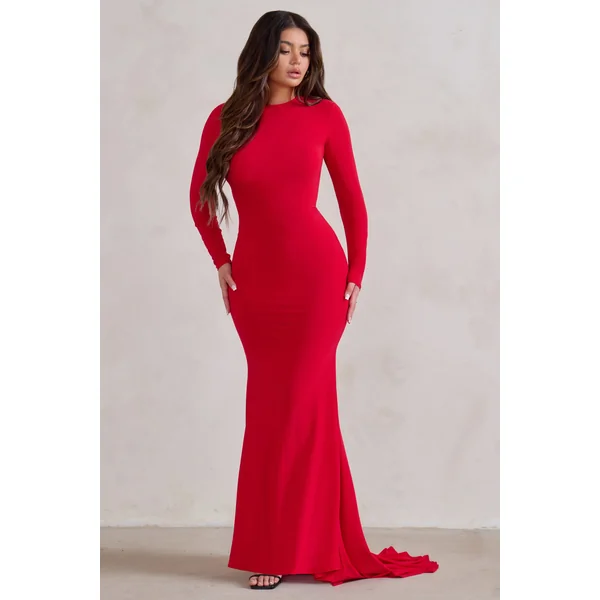 One Step Ahead | Robe longue rouge à manches longues et dos nu