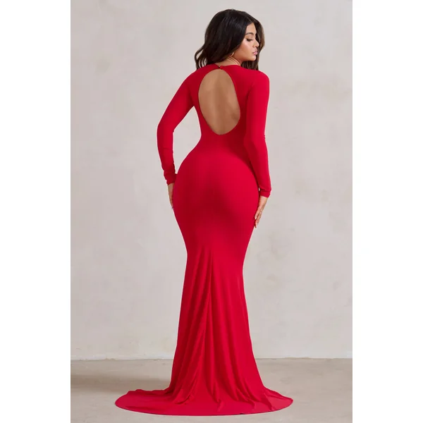One Step Ahead | Robe longue rouge à manches longues et dos nu