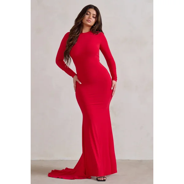 One Step Ahead | Robe longue rouge à manches longues et dos nu
