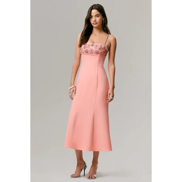 One To Remember | Robe mi-longue corail à décolleté carré ornée