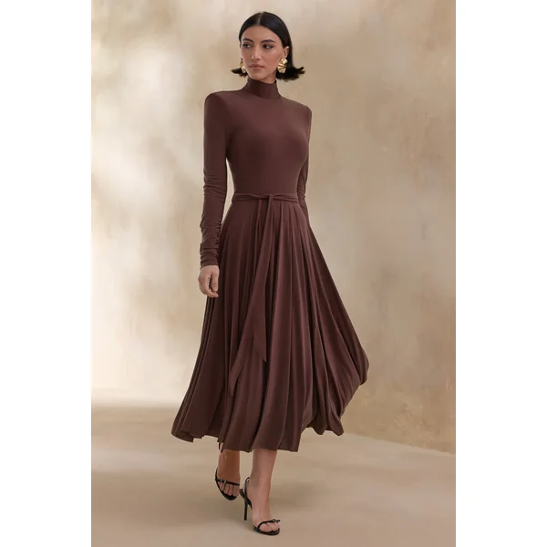 Opalia | Robe mi-longue marron à col montant ceinturée