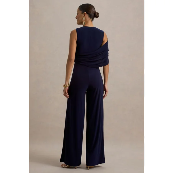 Opulence | Combinaison bleu marine avec manches cape et détails drapés