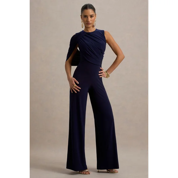 Opulence | Combinaison bleu marine avec manches cape et détails drapés