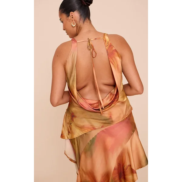 Orange Brûlé Ensemble Grande Taille Haut Asymétrique À Volants Avec Dos Drapé En Satin Imprimé