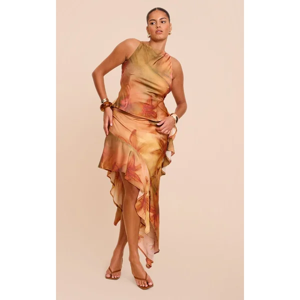 Orange Brûlé Ensemble Grande Taille Haut Asymétrique À Volants Avec Dos Drapé En Satin Imprimé