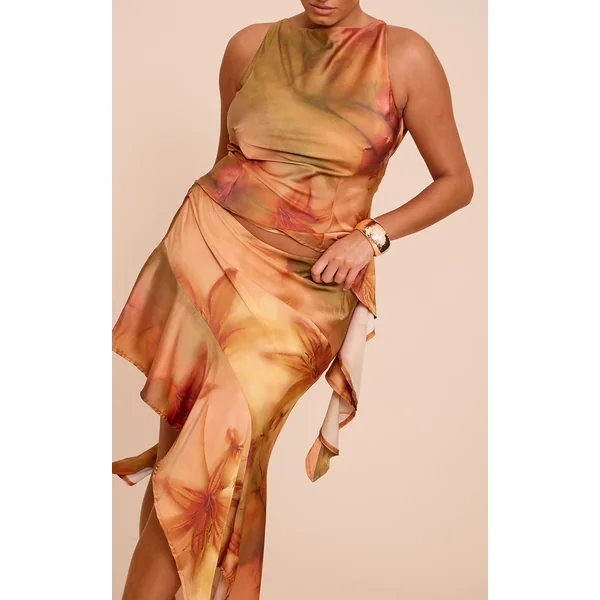 Orange Brûlé Ensemble Grande Taille Haut Asymétrique À Volants Avec Dos Drapé En Satin Imprimé