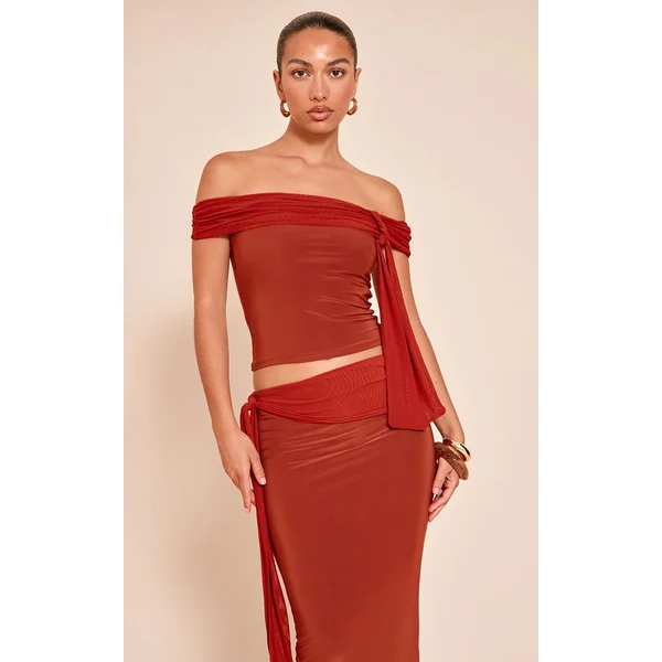 Orange Brûlé Haut Bardot Noué En Double Slinky