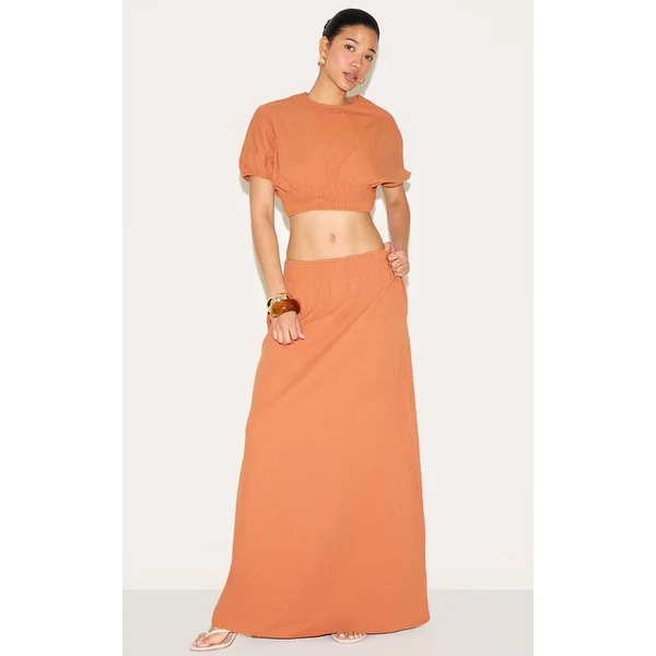 Orange Brûlé Jupe Longue Taille Basse À Taille Froncée Ensemble Coordonné