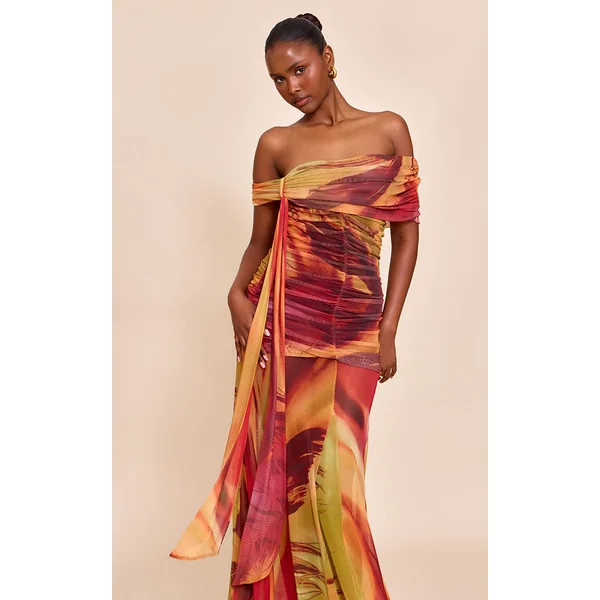 Orange Brûlé Robe Longue Bardot En Mesh Doublée