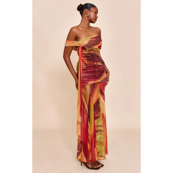 Orange Brûlé Robe Longue Bardot En Mesh Doublée