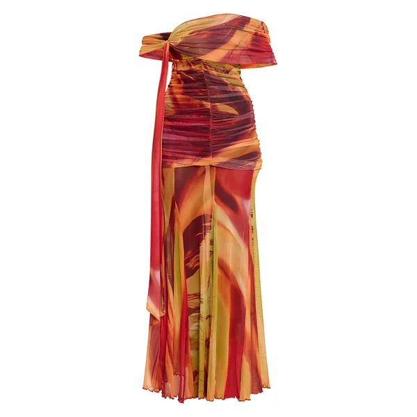 Orange Brûlé Robe Longue Bardot En Mesh Doublée