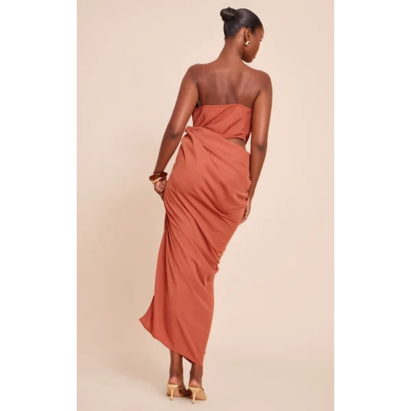 Orange Brûlé Robe Mi-longue En Mousseline Avec Découpes Et Drapés