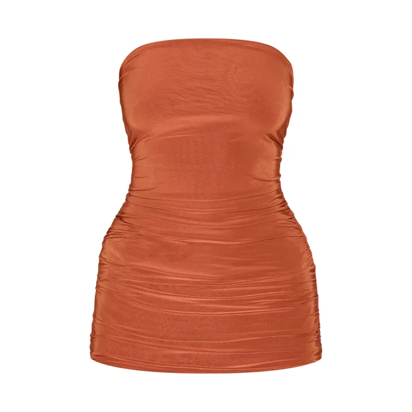 Orange Brûlé Top Bandeau Long Froncé En Tissu Slinky Double Épaisseur