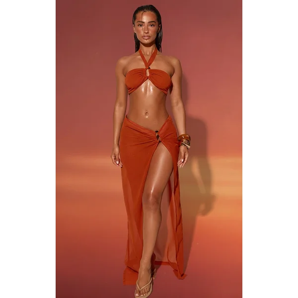 Orange Haut De Plage Bandeau Couleur Rouille Avec Anneaux Décoratifs