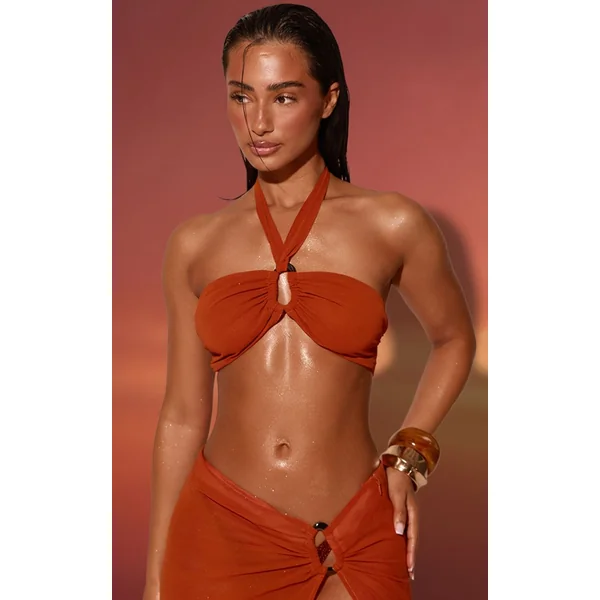 Orange Haut De Plage Bandeau Couleur Rouille Avec Anneaux Décoratifs
