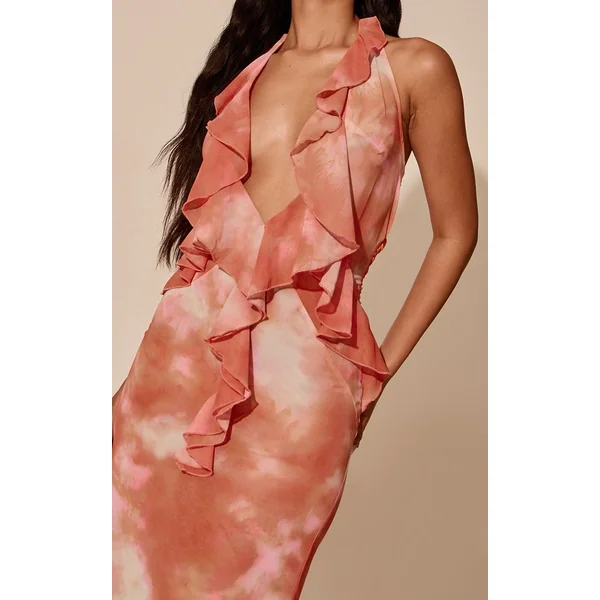 Orange Robe Maxi En Mousseline À Imprimé Abstrait Avec Décolleté Plongeant Et Détail De Volants