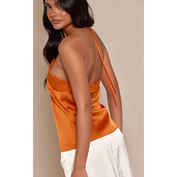 Orange Top Caraco Dos Nu En Satin Mandarine Avec Finitions En Dentelle