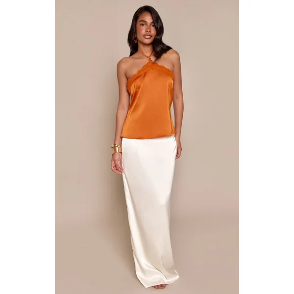 Orange Top Caraco Dos Nu En Satin Mandarine Avec Finitions En Dentelle