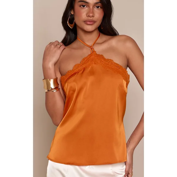 Orange Top Caraco Dos Nu En Satin Mandarine Avec Finitions En Dentelle