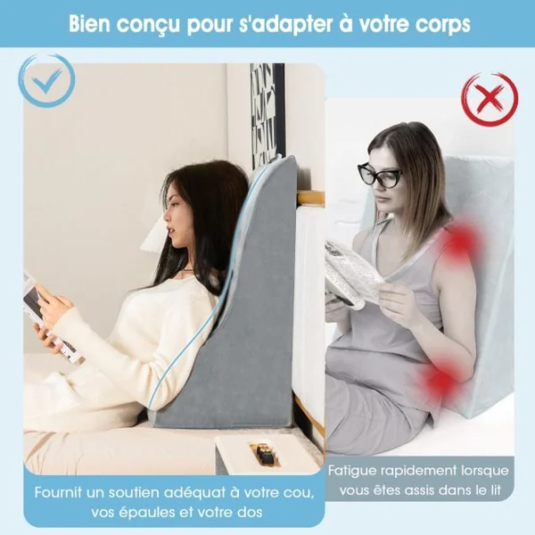 Oreiller Compensé en Éponge Haute Densité Coussin de Lecture avec Housse Amovible pour Post-chirurgie Orthopédique Gris