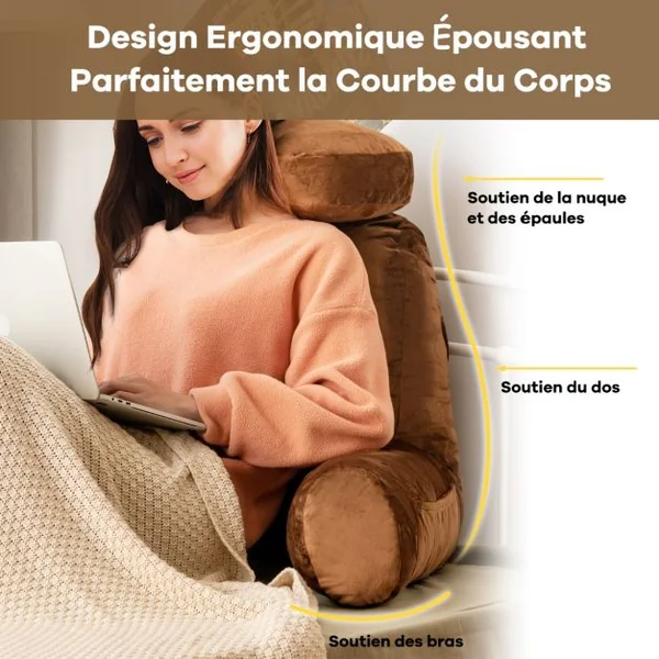 Oreiller de Lecture Coussin de Soutien Lombaire Rembourrage en Mousse à Mémoire de Forme Brun