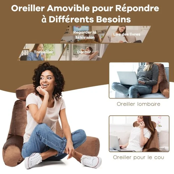 Oreiller de Lecture Coussin de Soutien Lombaire Rembourrage en Mousse à Mémoire de Forme Brun