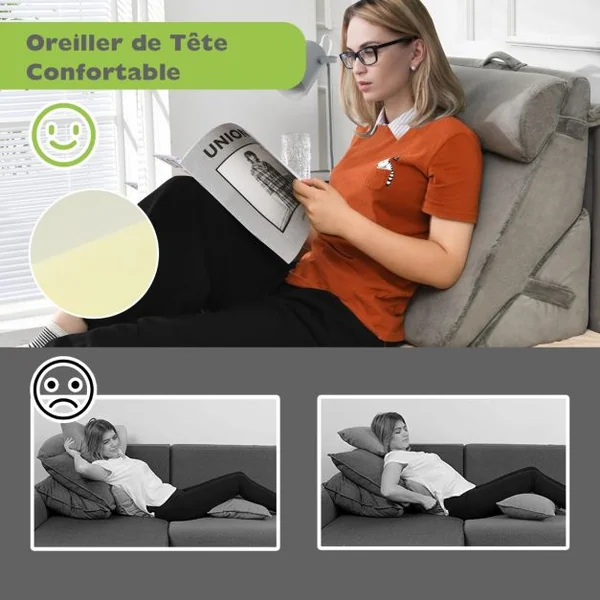Oreiller de Lecture en Mousse à Mémoire Coussin Triangle avec Housse Amovible et Appui-tête Réglable Design 12 en 1 Gris