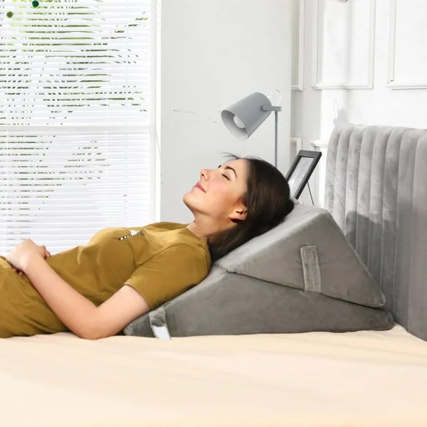 Oreiller de Lecture en Mousse à Mémoire Coussin Triangle avec Housse Amovible et Appui-tête Réglable Design 12 en 1 Gris