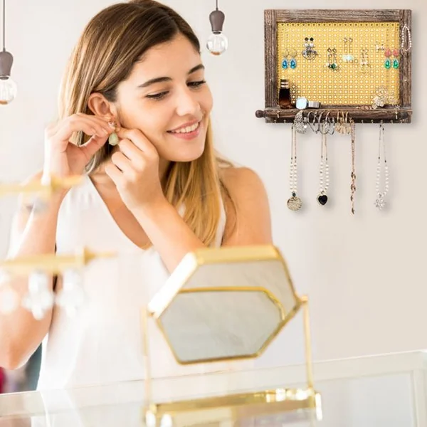 Organisateur de Bijoux Rustique Support Mural en Bois pour Boucles d'Oreilles Colliers Bracelets Brun