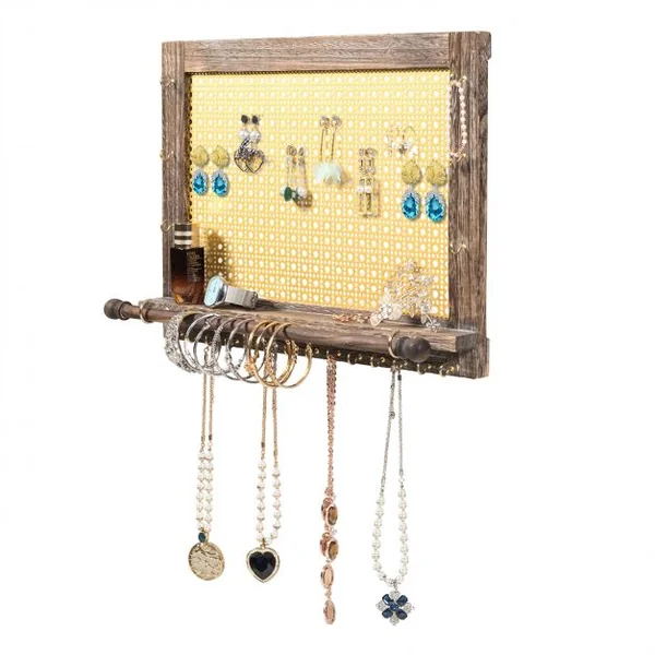 Organisateur de Bijoux Rustique Support Mural en Bois pour Boucles d'Oreilles Colliers Bracelets Brun