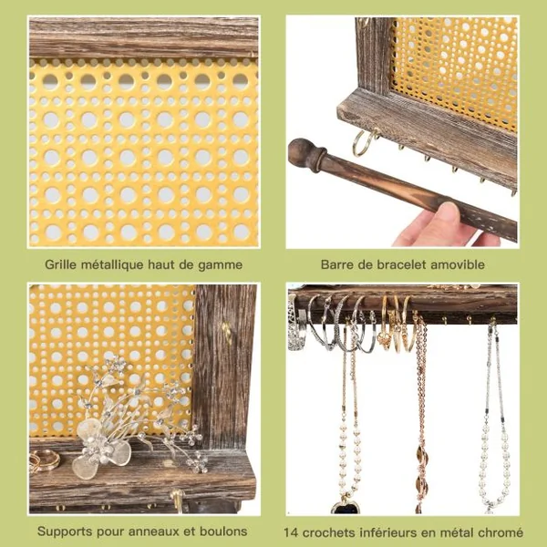Organisateur de Bijoux Rustique Support Mural en Bois pour Boucles d'Oreilles Colliers Bracelets Brun