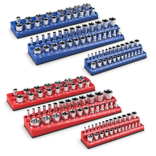 Organisateur de Douilles Magnétiques Entraînements 1/2" 3/8" et 1/4" Kit de Support de Douille 6 Pièces Rouge SAE Bleu Métrique