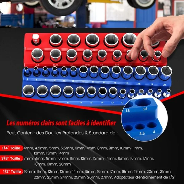 Organisateur de Douilles Magnétiques Entraînements 1/2" 3/8" et 1/4" Kit de Support de Douille 6 Pièces Rouge SAE Bleu Métrique