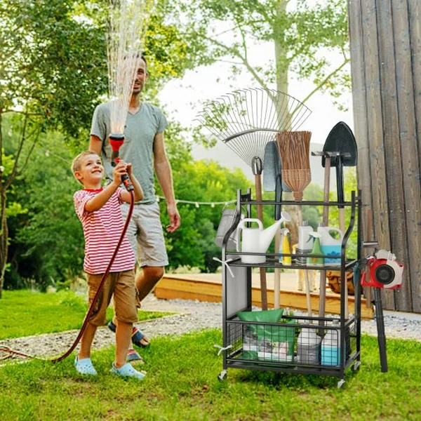 Organisateur d'Outils de Jardin avec Roulettes 6 Crochets et Sac de Rangement Chariot de Rangement d'Outils 66 x 40 x 102 cm Noir