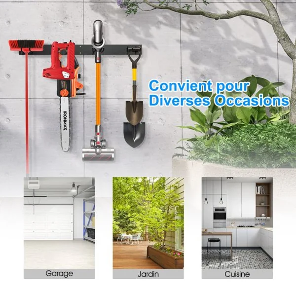 Organisateur d'Outils en Métal avec 8 Crochets Système de Rangement Mural de 91CM Charge Total 150KG pour Cuisine Garage Jardin Noir