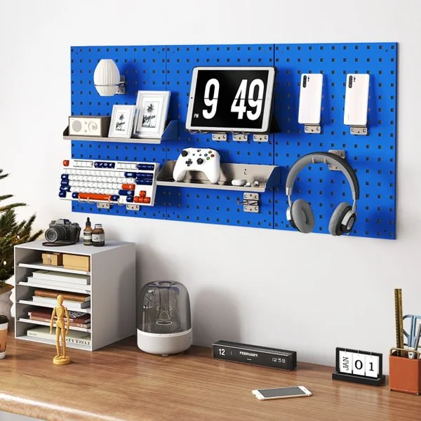 Organiseur Mural en Panneau Perforé Kit de Rangement d'Outils en Métal avec 3 Panneaux Perforés 28 Accessoires de Suspension Bleu Marine