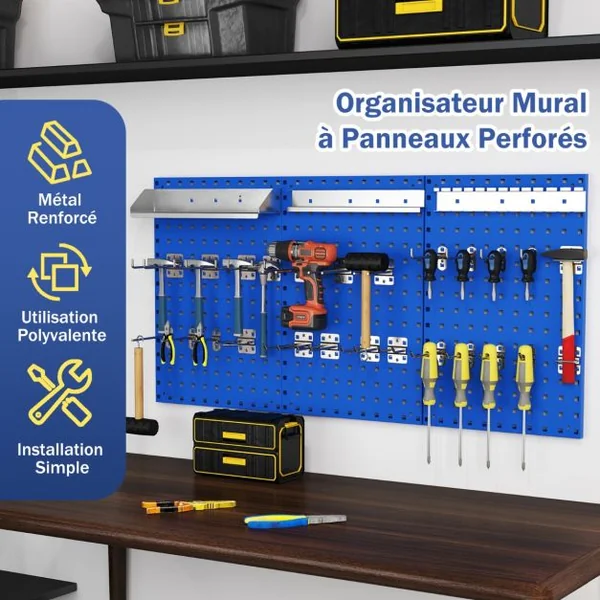 Organiseur Mural en Panneau Perforé Kit de Rangement d'Outils en Métal avec 3 Panneaux Perforés 28 Accessoires de Suspension Bleu Marine