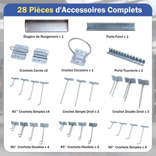 Organiseur Mural en Panneau Perforé Kit de Rangement d'Outils en Métal avec 3 Panneaux Perforés 28 Accessoires de Suspension Bleu Marine