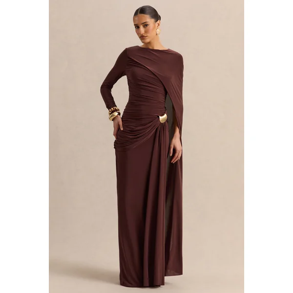 Orintha | Robe longue marron à encolure haute avec cape et détail doré