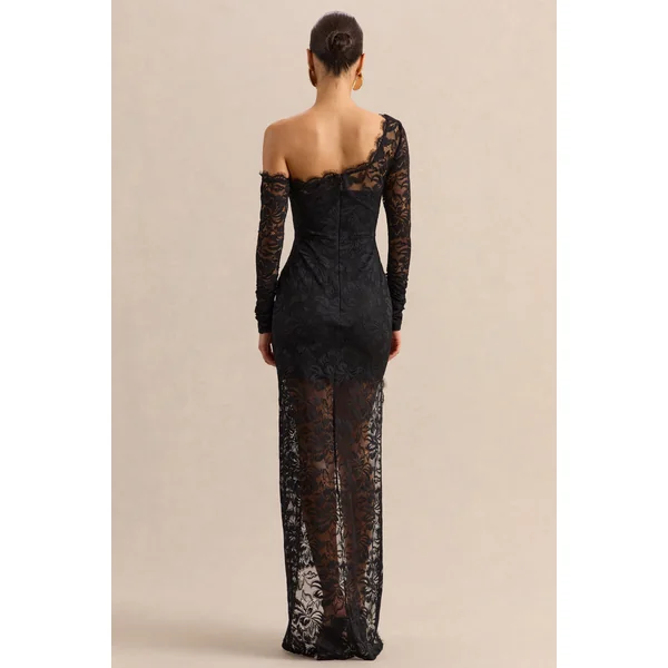Orlania | Robe longue en dentelle noire à encolure asymétrique avec ourlet asymétrique
